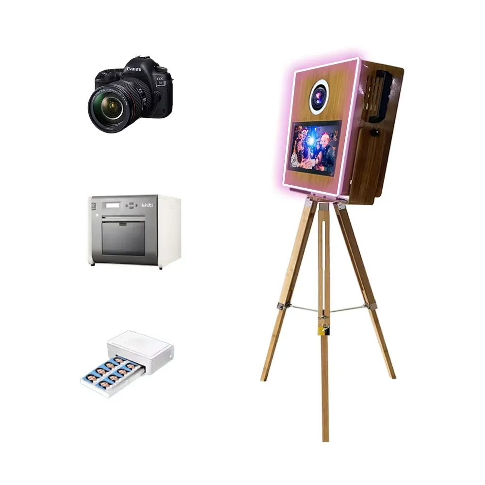 Vintage Wooden Photo Booth 15.6' Touch Screen Portable Flight Case Included Magic Selfie for Camera