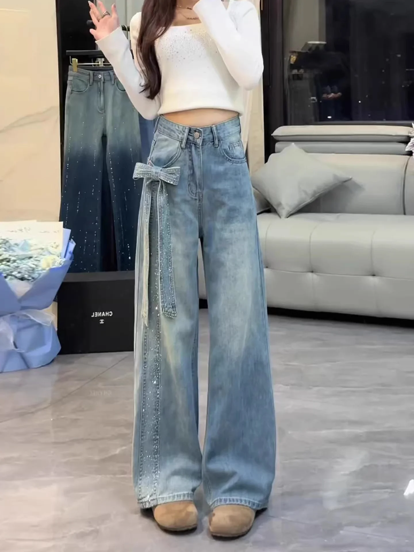 

Корейские джинсы с высокой талией и широкими штанинами, женские, весенние, новые, свободные, струящиеся, стройнящие, прямого кроя, с стразами