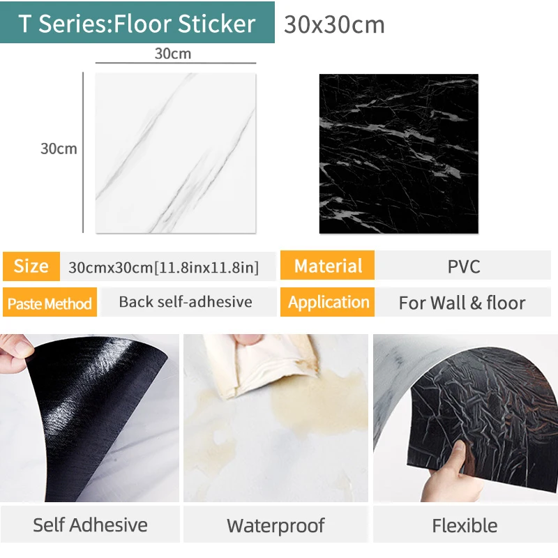 20pcs PVC Flat Imitation Marble Tile Floor Stickers 30*30cm Self-adhesive Wall Stickers Waterproof Bathroom living room Decals