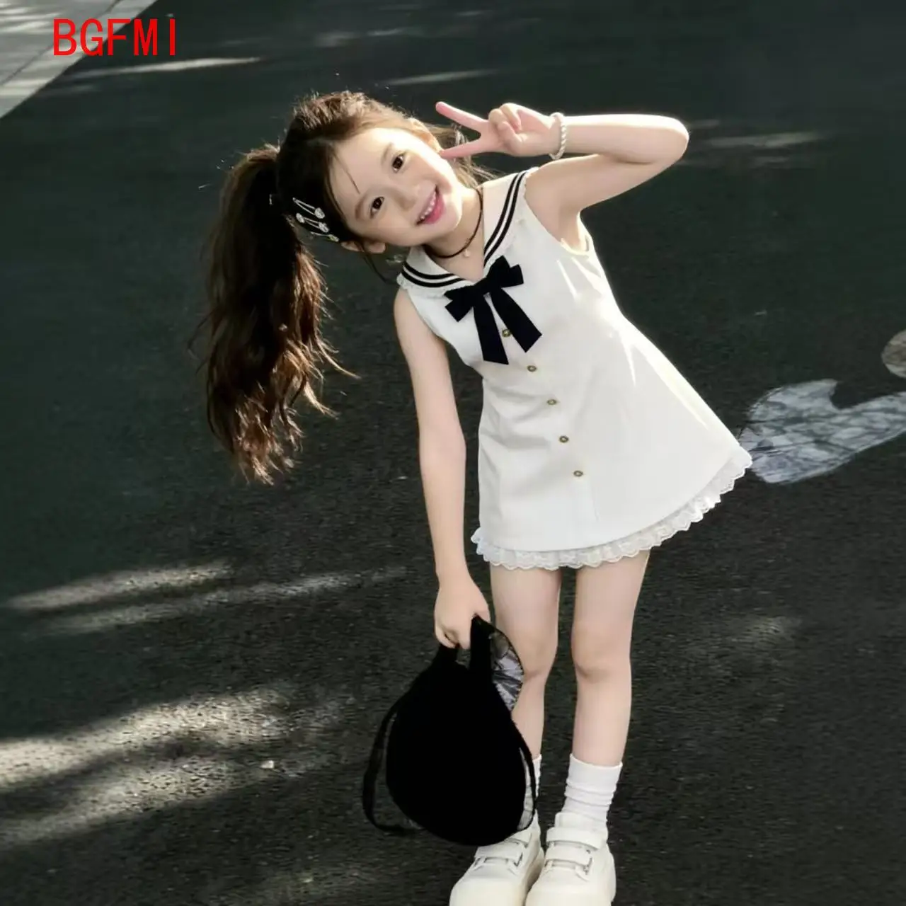 Girls Cotton White Summer Navy Collar Sleeveless Dresses New Girls' Korean College Style Shirt Skirt Big Kid Party Bow Dresses