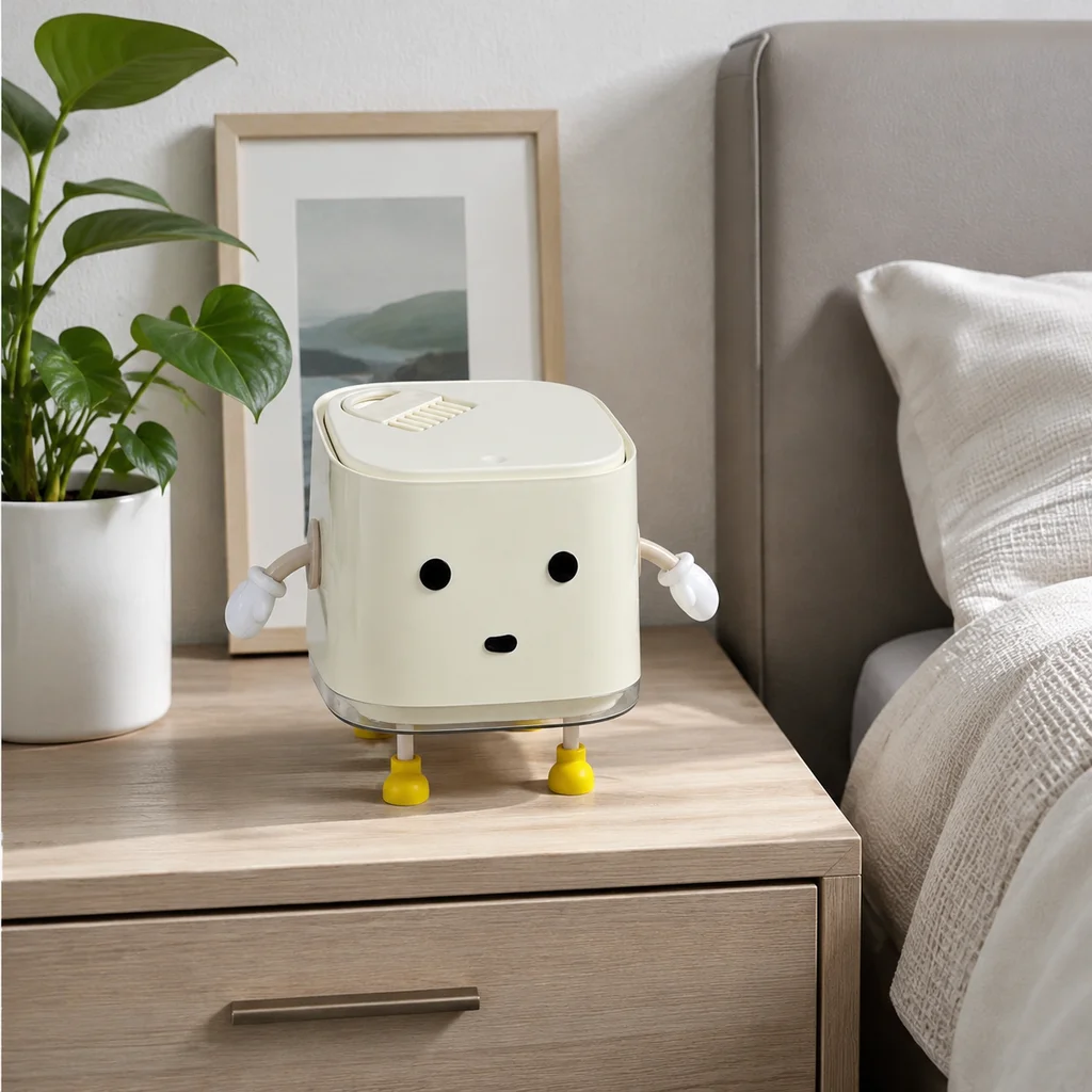 Cute 3D Standing Figure Tabletop Trash Bin, Press‑to‑Close Small Plastic Desk Garbage Can With Built‑in Sweeping Brush, Aesthetic Room Decor Waste Basket