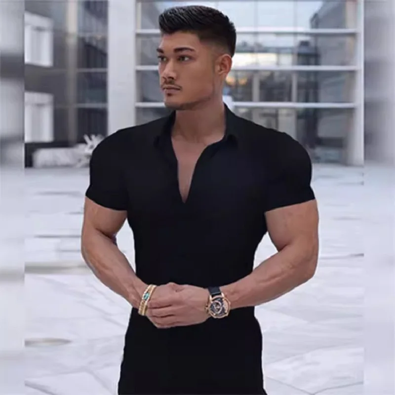 قميص رجالي صيفي عضلي بأكمام قصيرة ملابس رياضية ولياقة بدنية بقصة ضيقة ومرونة عالية قميص بطبقة داخلية عصرية جديدة #3