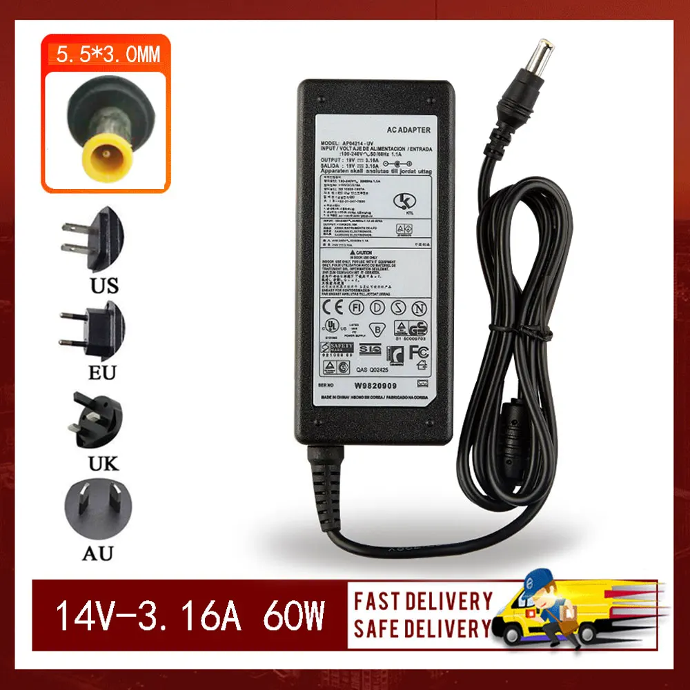 New 19V 3.16A 60W 5.5MM*3.0MM AC power adapter For Samsung R467 R428 R429 RV415 Computer Charger Replacement