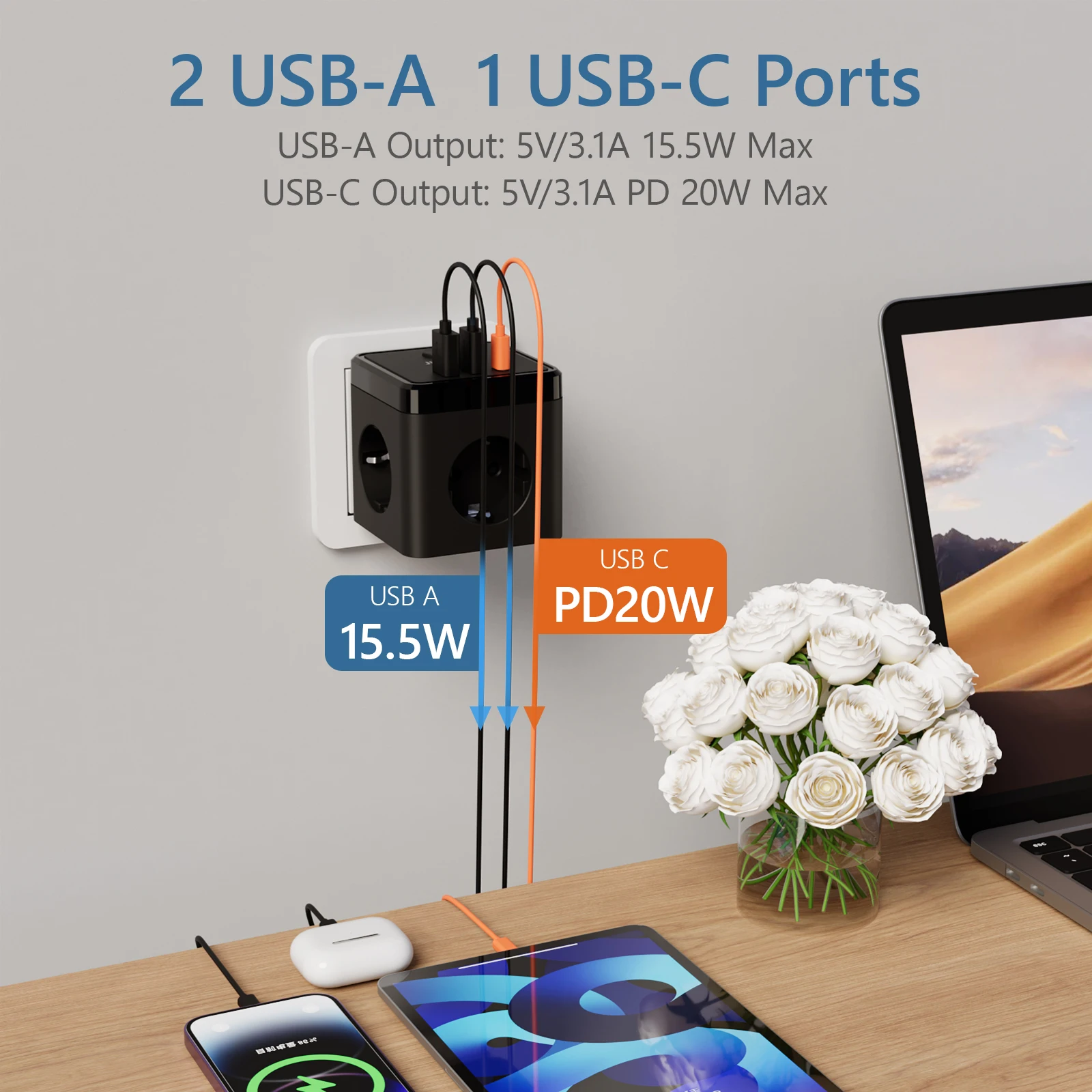 Wall Socket Extender with Switch 3 Outlets 2 USB A and 1 Type C Port Portable Cube Socket Power Strip Adapter Charging For Home