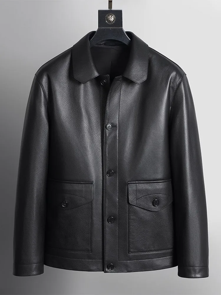 Fashion Mens Autumn Single Breasted Business Casual Work Jacket Natural Sheepskin Genuine Leather Jacket Vintage Outerwear Coat