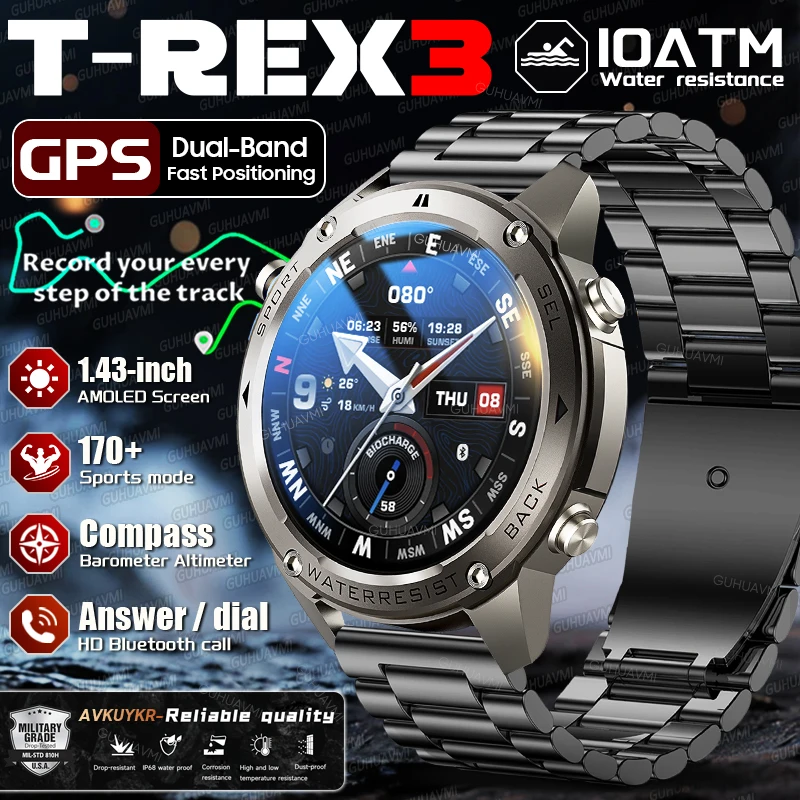 

New T-REX3 Ultra Military GPS SmartWatch 1.43-inch AMOLED With Dual band GPS Compass Altimeter BT Call 10ATM Swim Smartwatch Men