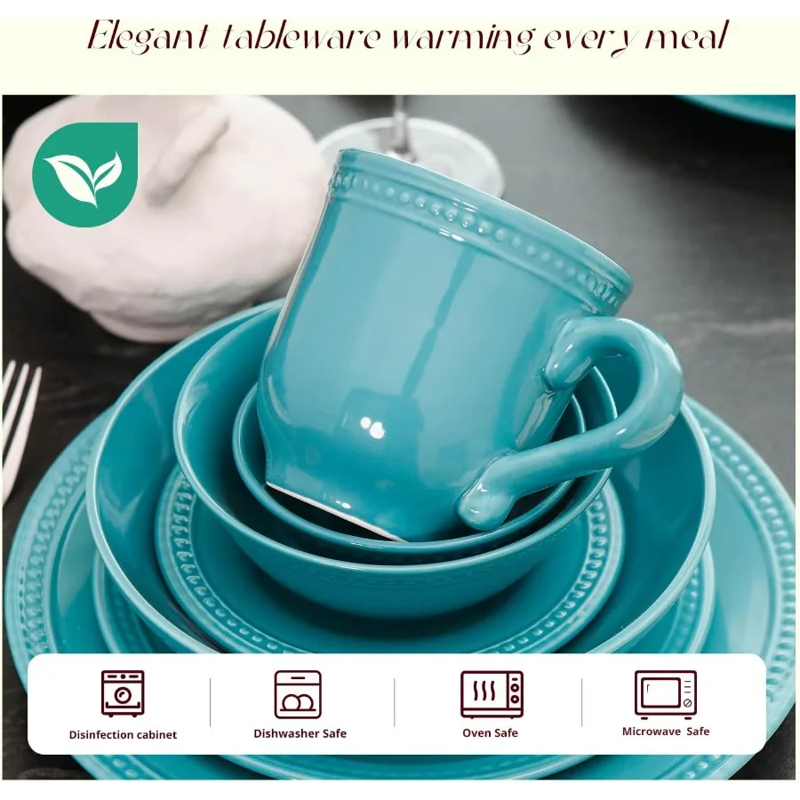 طقم أواني طعام من الخزف الحجري بنقاط لؤلؤية طقم فيروزي 56 قطعة #4