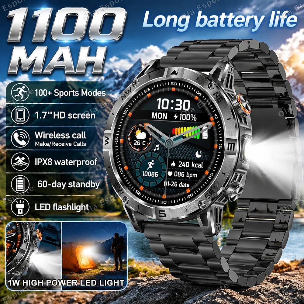 New 1100mAh Big Battery Smart Watch Men Outdoor Flashlight IP68 Waterproof Bluetooth Call AMOLED Military Sports Smartwatch H10
