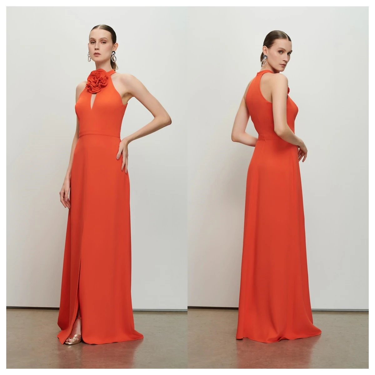Customized Classic Orange Jersey Evening Dress Halter Party Dress Temperament  Flowers Special Occasion Gowns Delicate  Soft