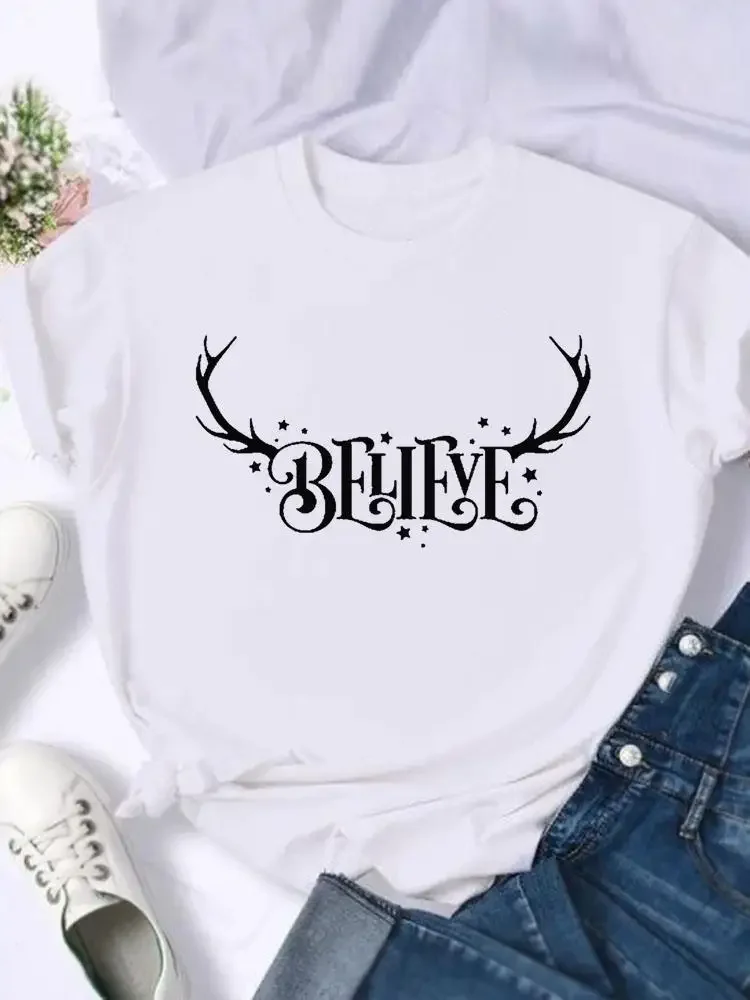 Women Holiday Deer Letter Lovely Shirt Clothing Print T Top Merry Christmas New Year Graphic Tee Fashion Female T-shirts