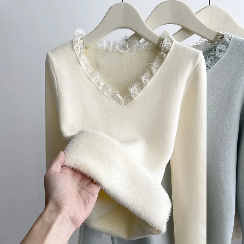 

Fleece Lined Thick Lace Spliced Knit Sweater Base Shirt Women's V-neck Long Sleeve Warm Top Faionable Autumn Winter Inner Wear