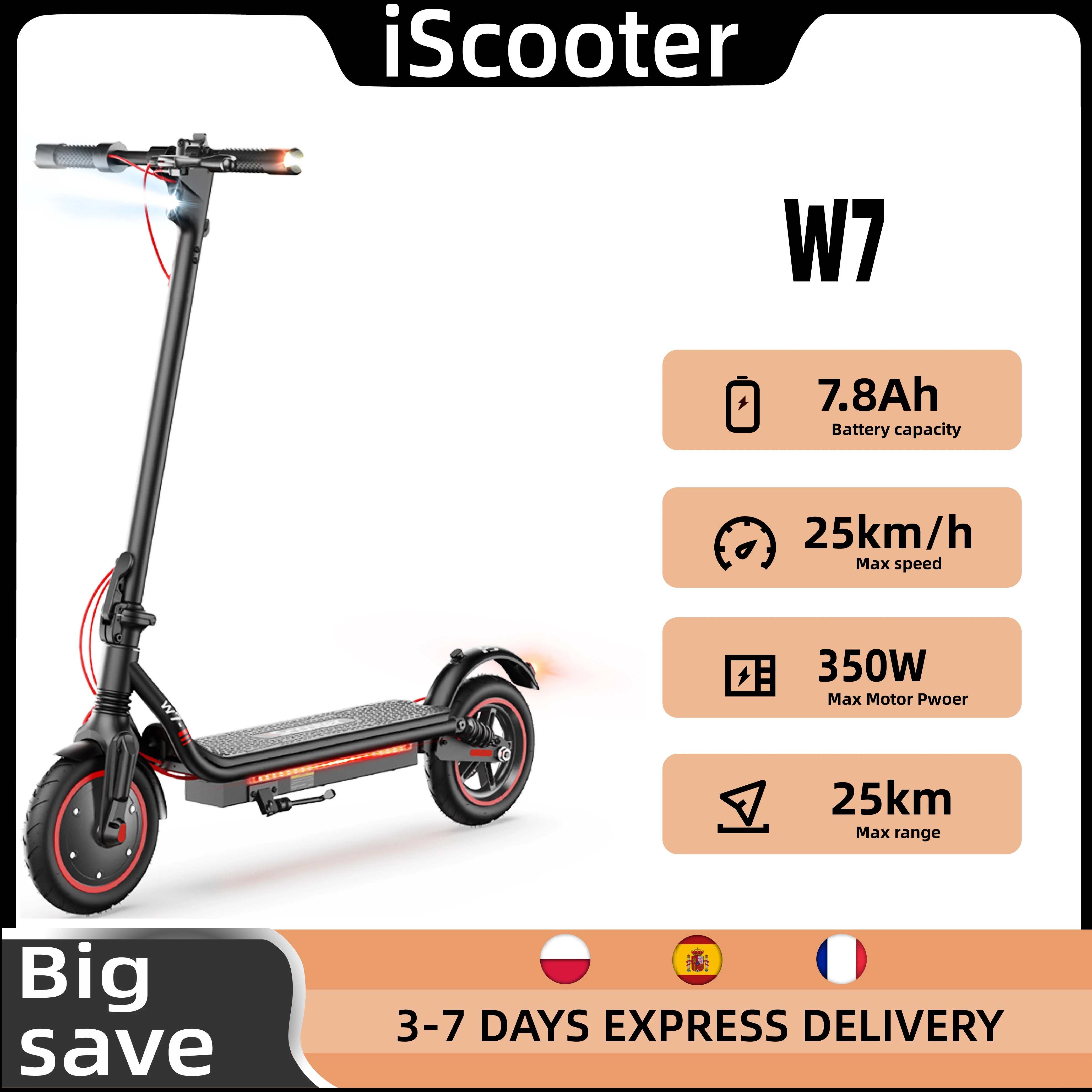 Trottinette électrique pliable haut de gamme ISCOOTER W7 pour adultes, moteur 350W, batterie 36V 7.8AH, pneus route 8,5 pouces