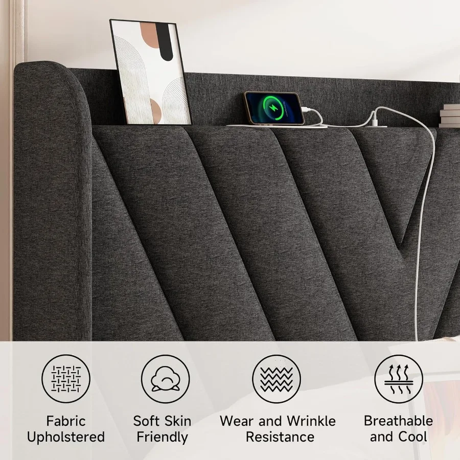 إطار سرير كوين مع لوح أمامي، إطار سرير منجد قابل للتعديل مع منافذ USB من النوع C، لوح رأسي للتخزين من النوع C، صلب #4