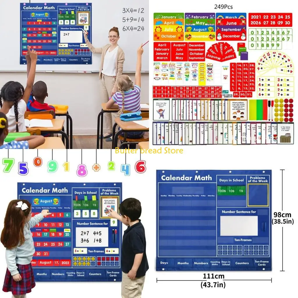W89C 캘린더 포켓 차트 수학 포켓 차트 3 세 이상, 교실 포켓 차트 교육 보조 데이트 수학 계산