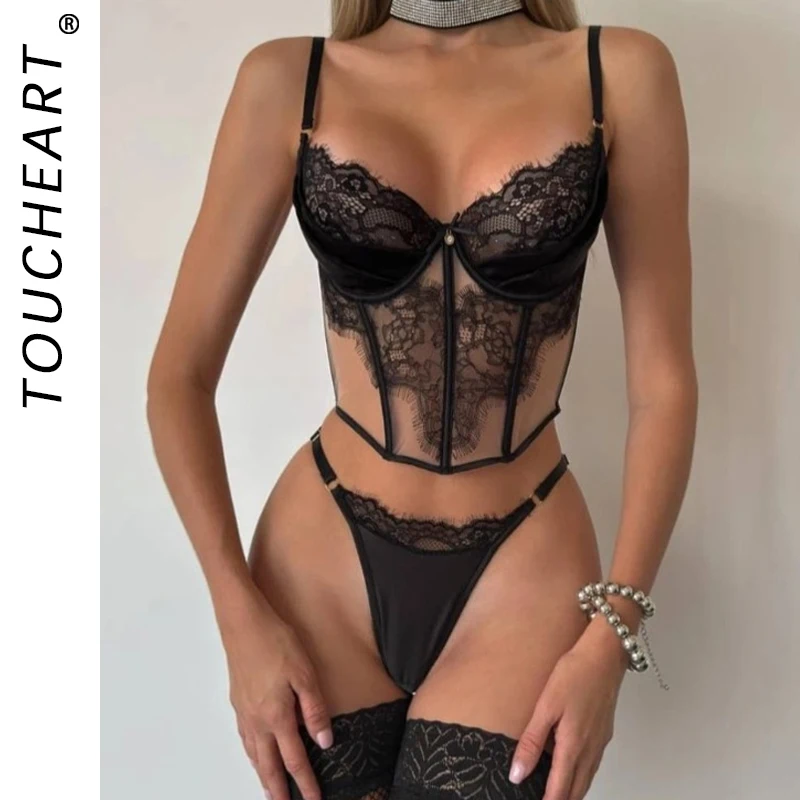 

Toucheart Black Embroidery Women Lace Interesting Underwear Exposed Navel See-through Backless Skinny High Waisted Versatile Set