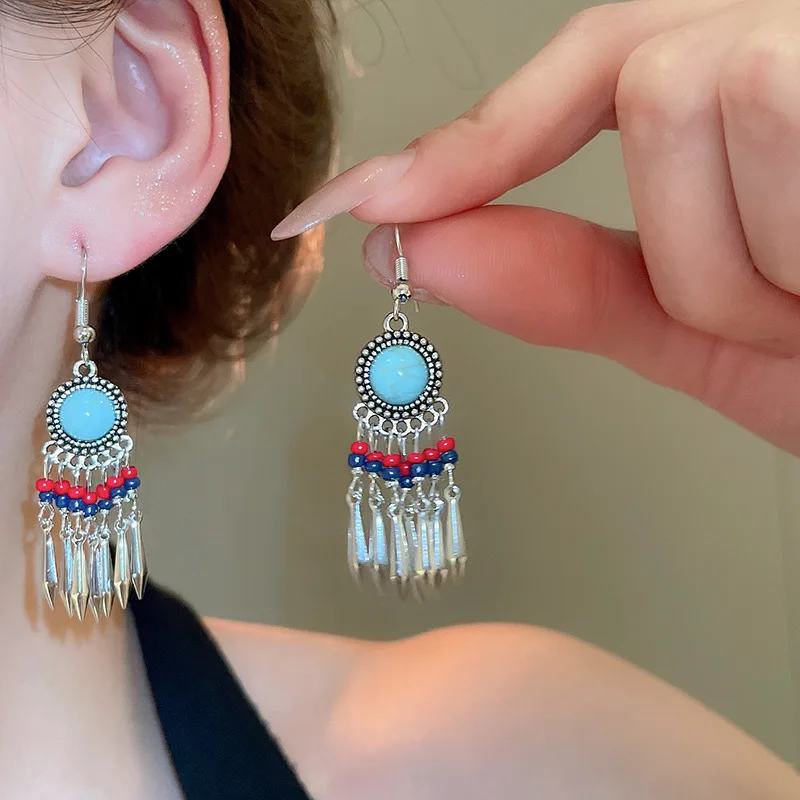 

Ajojewel Vintage Ethnic Tassel Earrings Blue Stone Ear Drops With Beads
