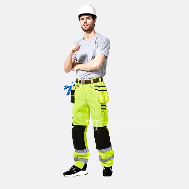 

Hi Vis Reflective Men Working Pants High Visibility Fluorescent Yellow Multi-pockets Work Trousers Workwear Cargo Pants