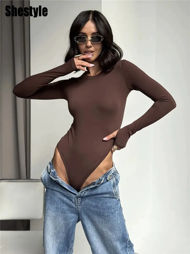 Shestyle-body liso y cómodo básico para mujer, Body básico con cuello redondo y manga larga, Tanga con botones Grace, Tops ajustados para graduación, noche de Navidad 2026