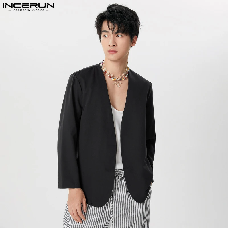 

INCERUN 2025 Men Shirt Solid Color V Neck Open Stitch Long Sleeve Casual Men Clothing Streetwear Fashion Leisure Outerwear S-5XL
