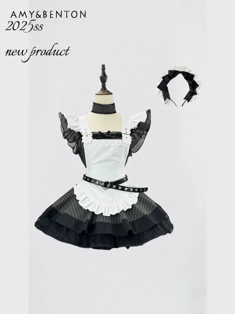 Süße Lolita Dark Maid Sexy Outfit Frauen japanische süße Schleife Flattern Ärmel Plaid Patchwork hohe Taille Mini Ballkleid Kleid Schürze