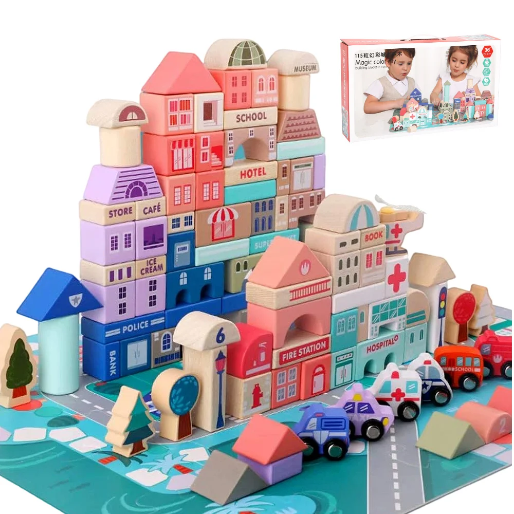 Ensemble de blocs de construction en bois Migargle, 115 pièces, jouet éducatif pour enfants d'âge préscolaire, construction de ville, empilage, 3+, cadeau d'anniversaire