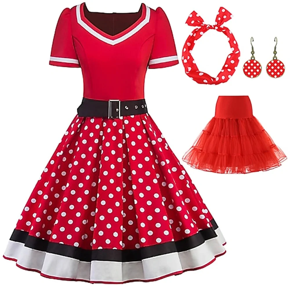 4 pc/set Vintage 1950s gaun pesta Rockabilly dengan rok tutu rok stud klasik A-Line Hepburn wind dress malam wanita