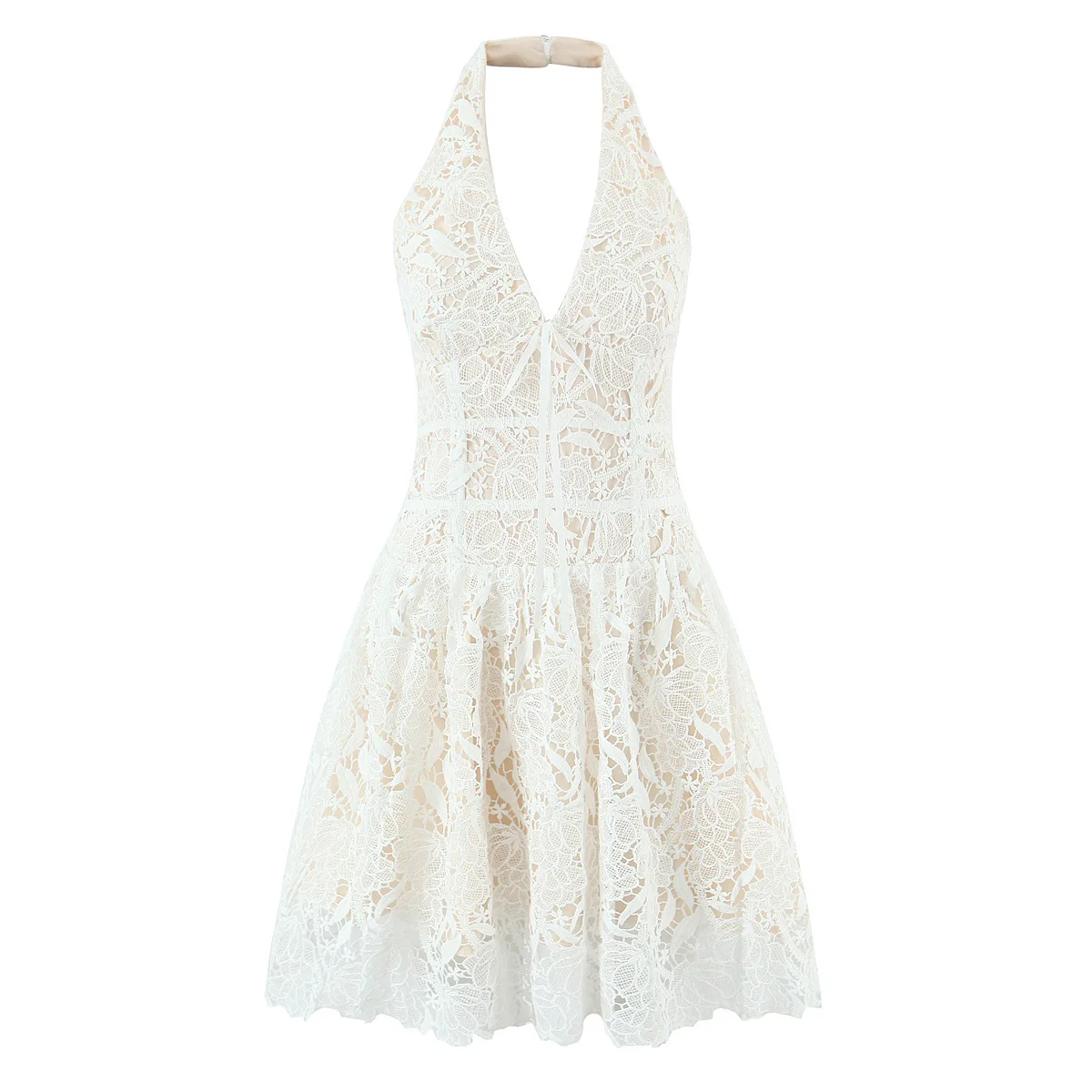 

Women Lace Deep V Neck Sleeveless Embroidered Halter Mini Dress
