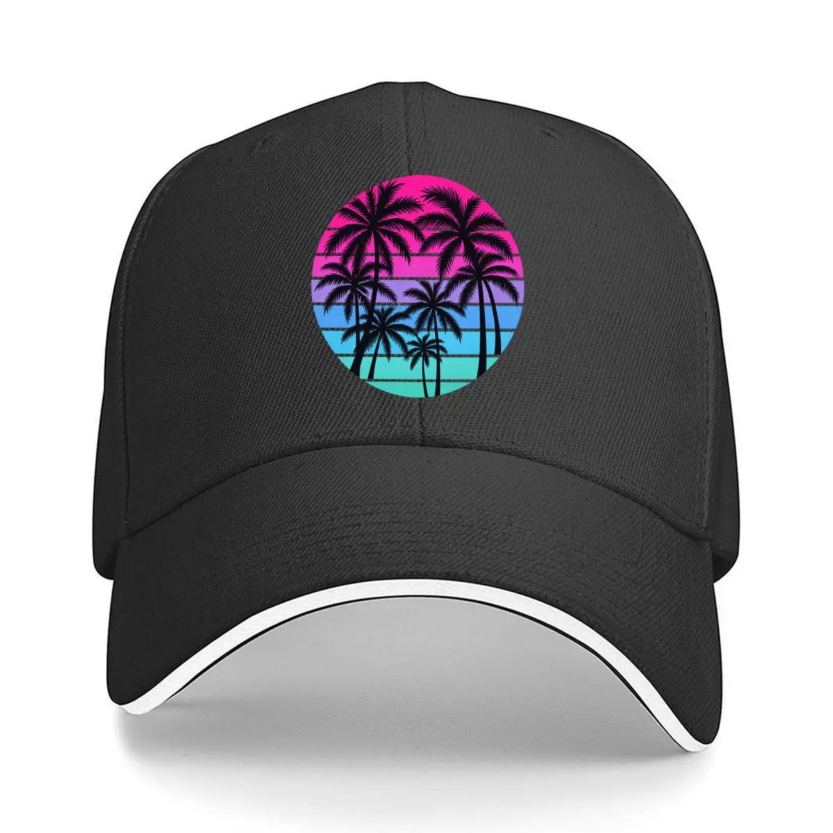 Retro Tropical Palm Tree Silhouette Neon Sunset Circle Sandwich Baseball Cap