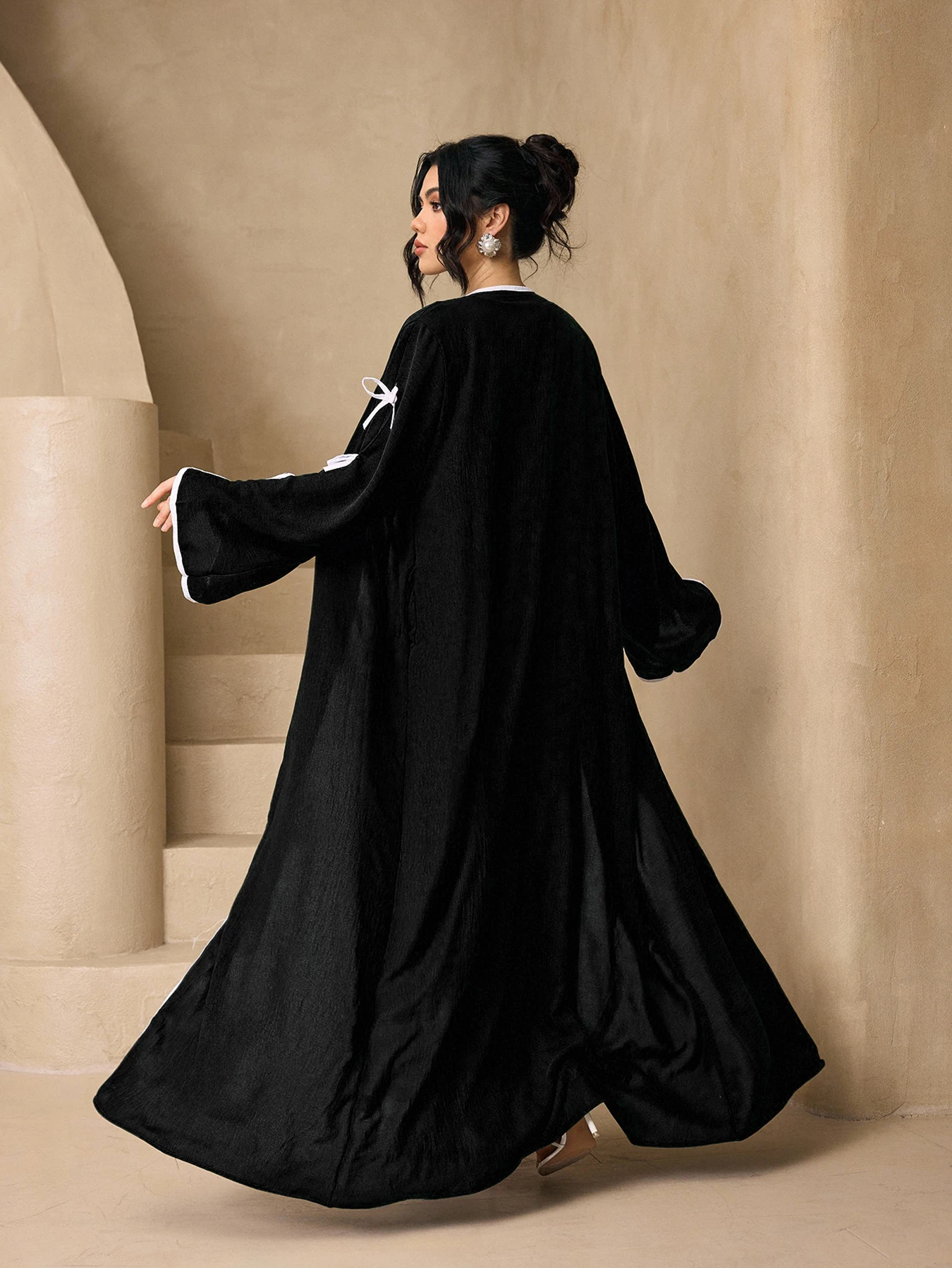 Bow Sleeve Trim Open Abaya 3 Piece Set With Hijab Belt Inner Dress, Crepe Modest Outfit For Muslim Women Eid Daily Party Wear