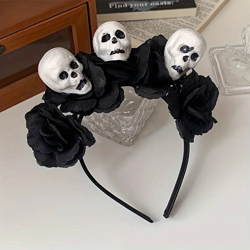 1 Piece Skull & Black Rose Headband: Spooky & Chic Design, Perfect for Halloween, Goth Looks & Costume Parties