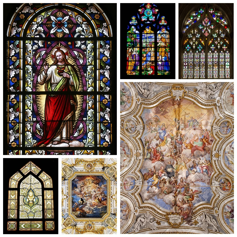 

Church Stained Glass Window Backdrop Custom European Court Style Family Theme Party Photography Poster Decoration Background