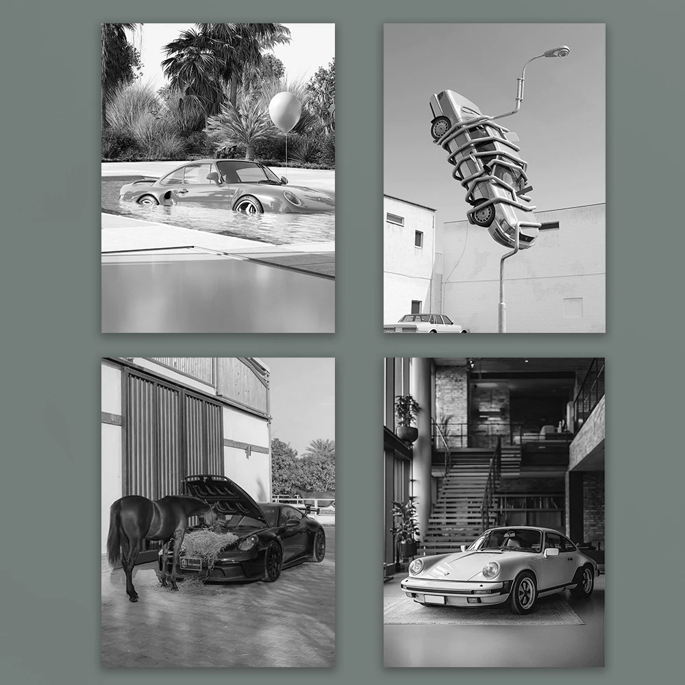 

Vintage Classic Sports Car Print Poster Luxury Horse Prints Woman Wall Art Classic Black and White Poster Canvas Painting Decor