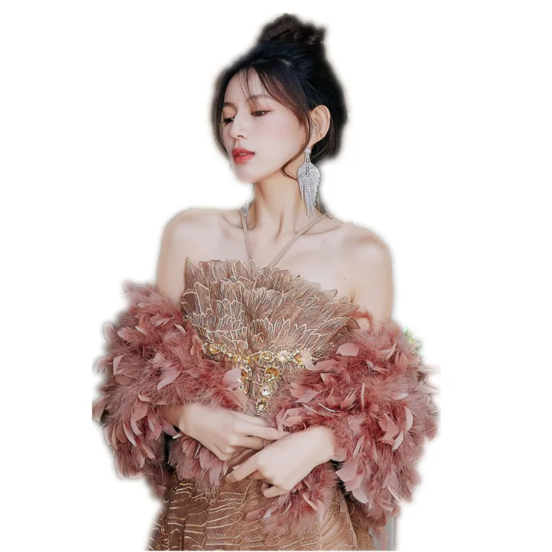 Real Ostrich Feather Shawl for Wedding Party Bride Women Winter Fluffy Wraps Fur Feather Shrug Capes