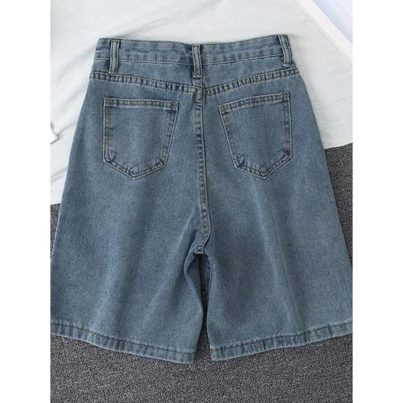 Fitaylor 2022 New Summer Women High Waist Blue Wide Leg Denim Shorts Casual Female Solid Streetwear Stright Jeans Bermuda Shorts