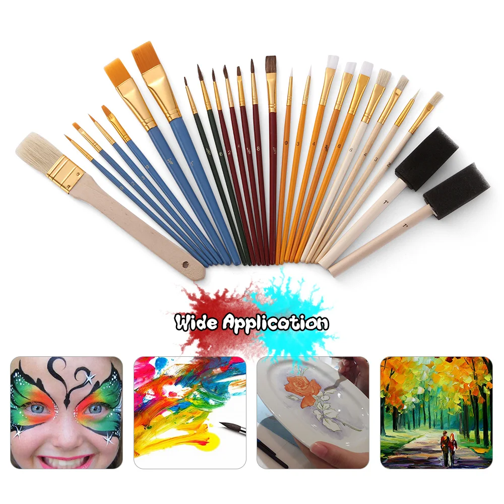 25Pcs/Set Paint Brushes Set PaintBrushes Starter Kit Includes Taklon/ Bristle/ Horse Hair Brushes and Sponge Brushes