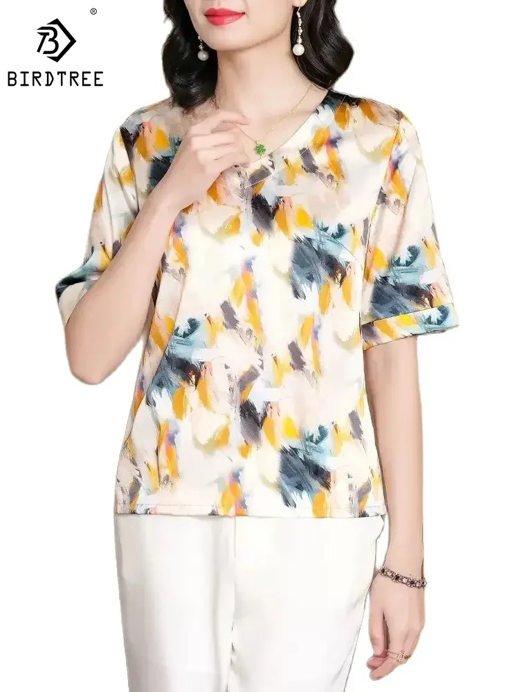 BirdTree 91.8% Mulberry Silk Shirt for Women, Short Sleeve V-Neck Print, Satin Elegant OL Blouses, 2024 Spring New Tops T42291QM