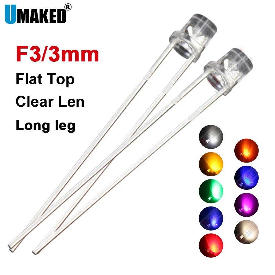 1000Pcs 3Mm Clear Led Flat Top Lampen Diodes Chip, lange Been Licht Kralen F3 Led Emitting Diodes Ww/W/R/G/B/Y Verlichting diy Lamp