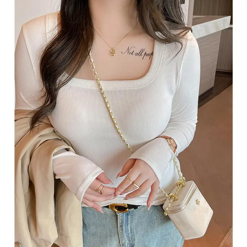 T-shirt da donna grande quadrata Ne Long Sve Base irt comoda ed elastica da pendolarismo Sle Pure Color Faion Top da donna