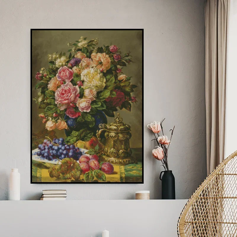 Stamped Cross Stitch Kit 14/16CT Printed Canvas Cotton Thread DIY Embroidery Wall Decor[ZZ6054-Oil Painting Flowers and Fruits]