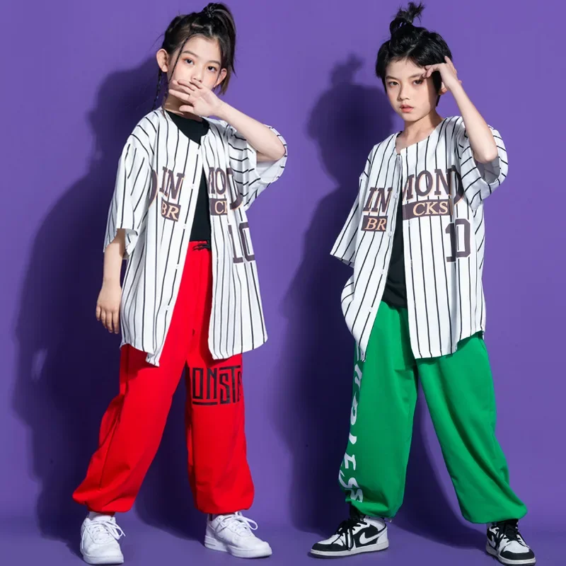 Camicia Cardigan da Baseball a righe Top Streetwear Jogger pantaloni della tuta per ragazza ragazzo Jazz Dance Costume vestiti Kid Hip Hop abbigliamento