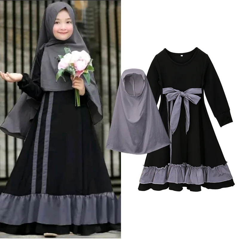 Muslim Prayer Dress with Headscarf for Children Islamic Jilbab Abaya for Kids Long Robe for Girls Islamic Kaftan Gown Ramadan