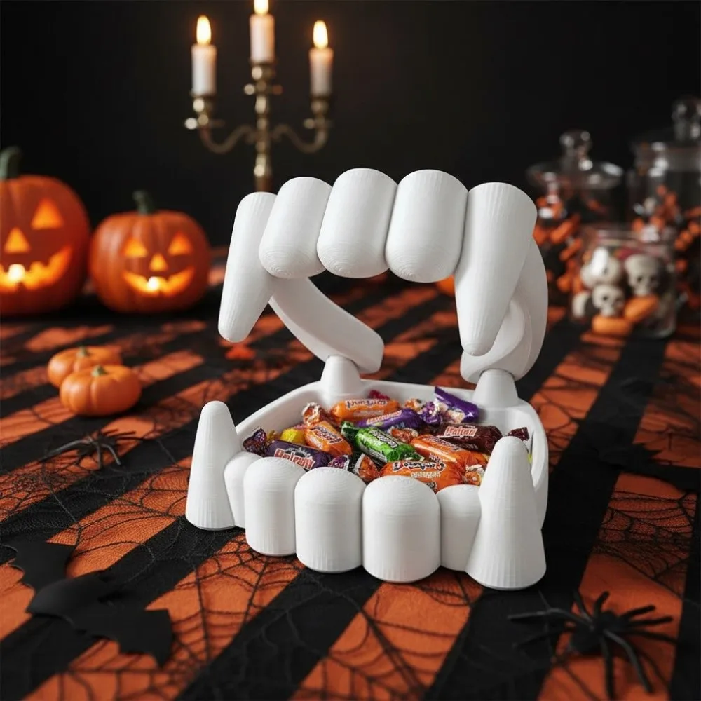 3D Printing Bloodsucker Teeth Candy Bowl White Plastic Halloween Dentures Candy Bowl Decorative Bloodsucker Teeth Desk Ornament