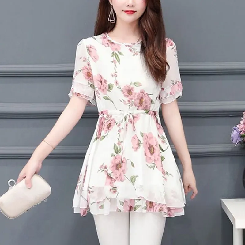 Pendeln Rüschen Patchwork Shirt Sommer Kurzarm Mode Taille Kordel zug weibliche Kleidung gebrochene Blumen lässig O-Ausschnitt Bluse