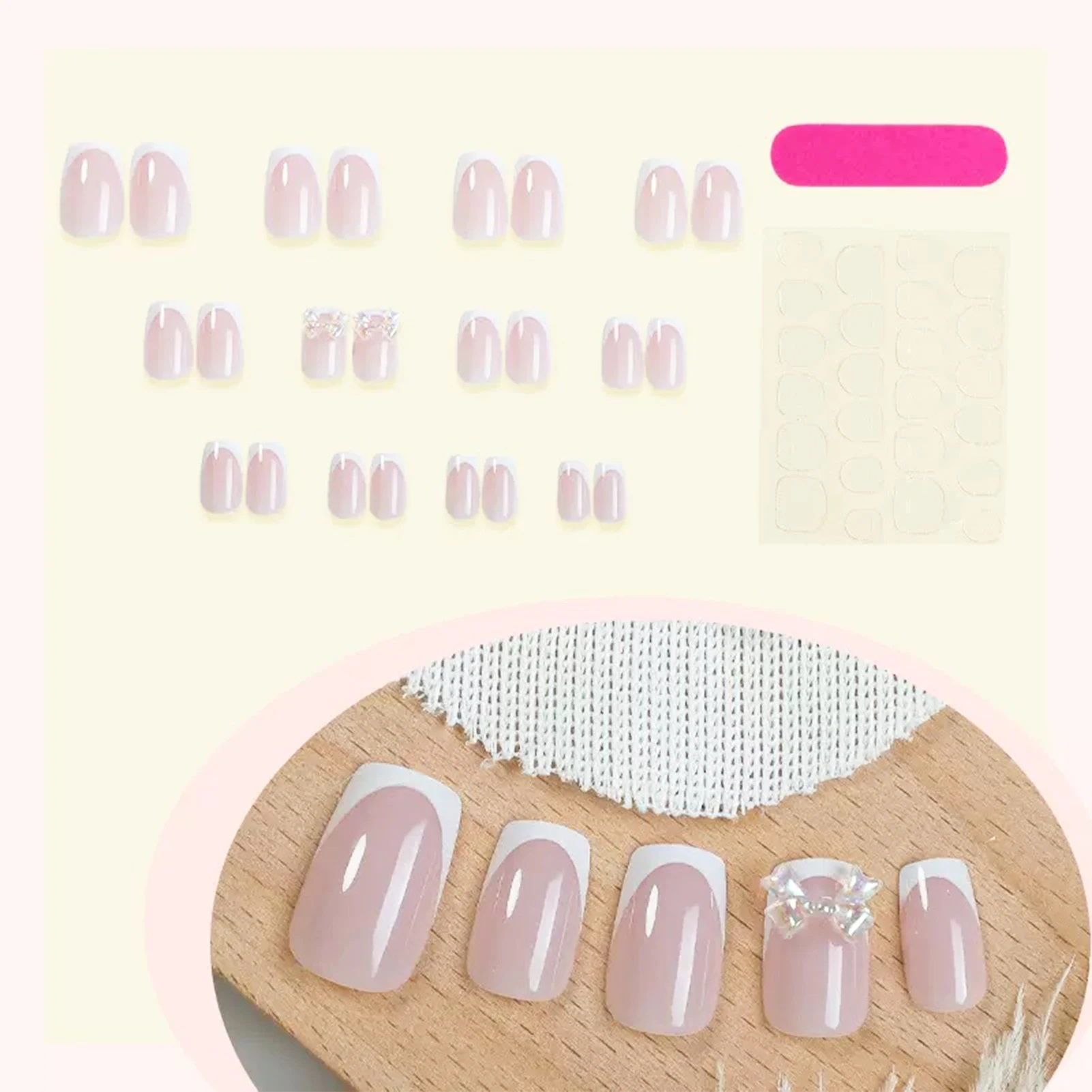 สีขาวภาษาฝรั่งเศสคําเคล็ดลับกดบนเล็บ 24 ชิ้นสีนู้ดเล็บปลอมง่าย DIY เล็บเจ้าสาวงานแต่งงาน Stick - on เล็บปลอม Bowknot ตกแต่ง