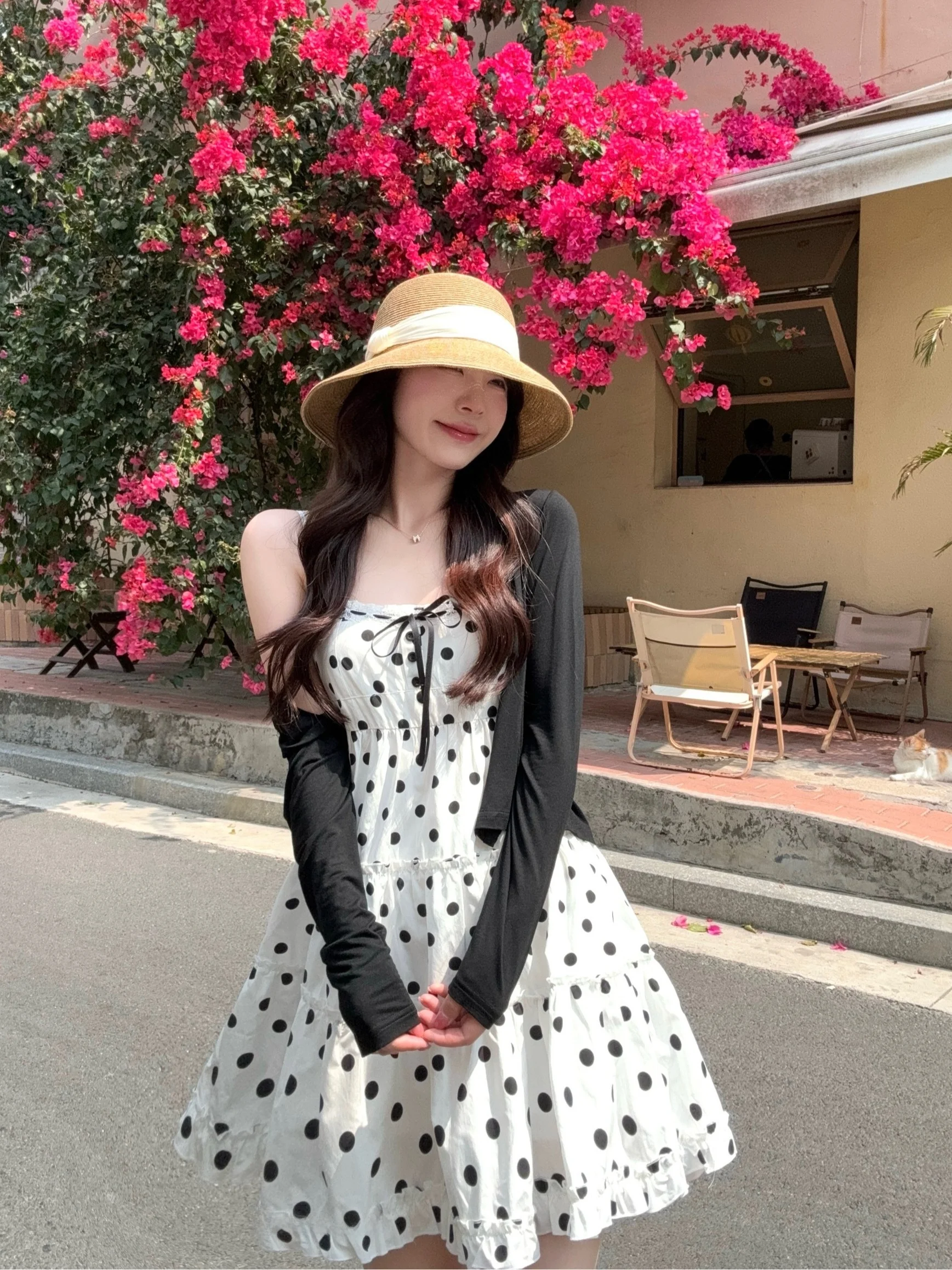 

plus Size Women's Pure Desire Wind Set Spring Summer New Polka Dot Lace A-Line Dress Long Sleeve High Waist Commute Style