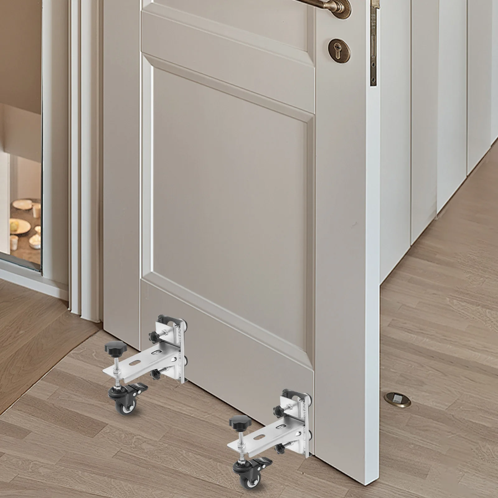 ﻿   (Vendita di liquidazione! )Strumento per l'installazione della porta con 360 °   Strumento di installazione ruote per porte Supporto jack regolabile in acciaio inossidabile