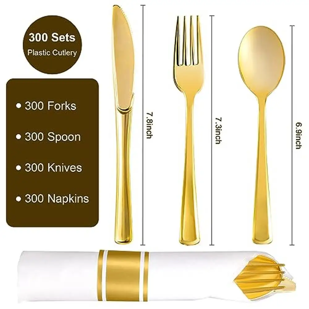 Pre Rolled Gold Plastic Cutlery Set 300 Pack Wrapped Plastic Silverware Set Napkins Forks Knives and Spoons Disposable Heavy