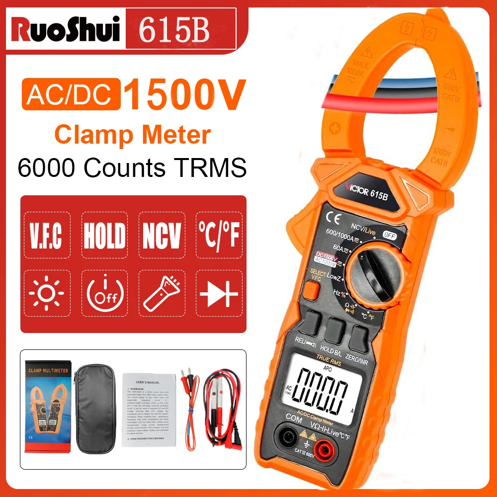 

RuoShui Digital Clamp Meter Multimeter 1500V DC/AC Voltage Current 6000Counts Resistance Capacitance Frequency Temp NCV Diode Te