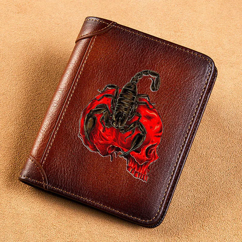 

High Quality Genuine Leather Men Wallets Cool Scorpion Skull Design Printing Short Card Holder Purse Luxury Brand Male Wallet