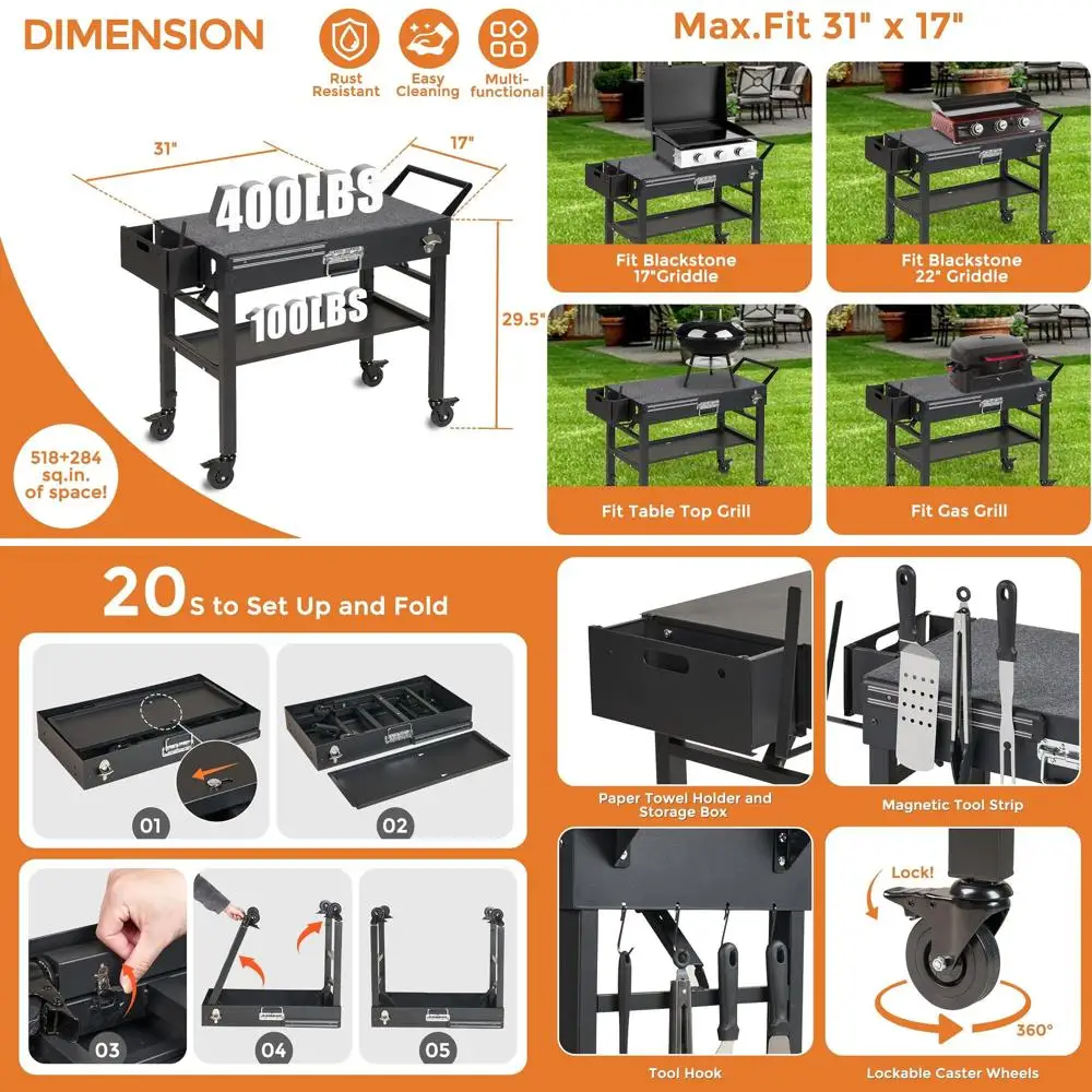 

Складная уличная тележка для гриля с колесами, устойчивая подставка 31x17 для гриля Blackstone 17/22 и Ninja Woodfire